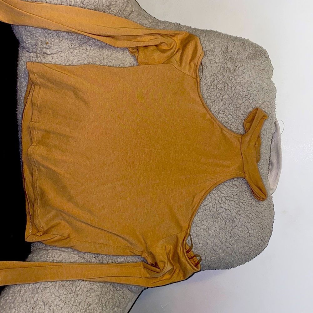 Tan long neck off shoulder shirt